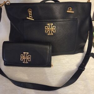 Tory Burch Black Pebbled Leather Shoulder Bag with Matching Wallet